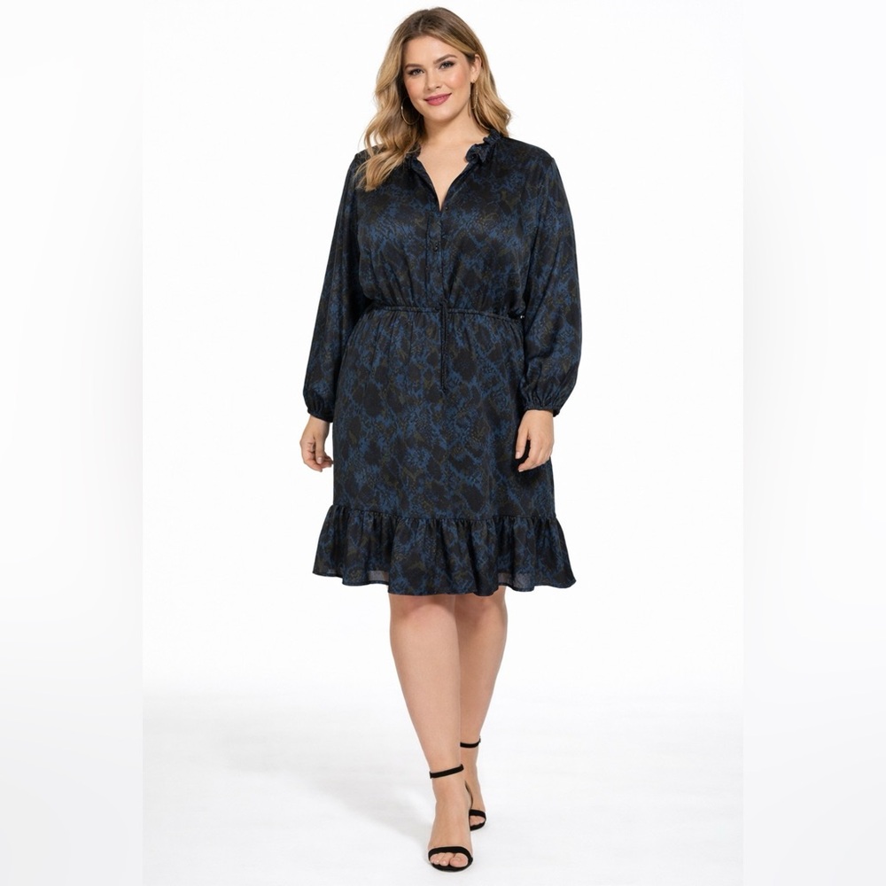 Black Tape Dress 2X Black Blue Long Sleeve Silky Whimsigoth Feminine NWT